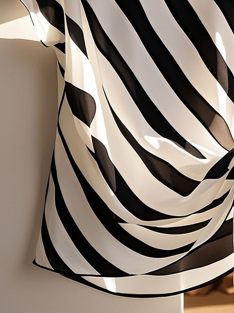 French Style Black & White Striped Chiffon Shirt – Women's Short-Sleeved Loose Summer Top