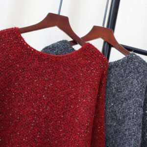 Red Sequin Mid-Length Loose Sweater – High-End Lazy Style Pullover for Women