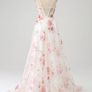 Elegant Floral A-Line Sequin Corset Prom Dress with Slit