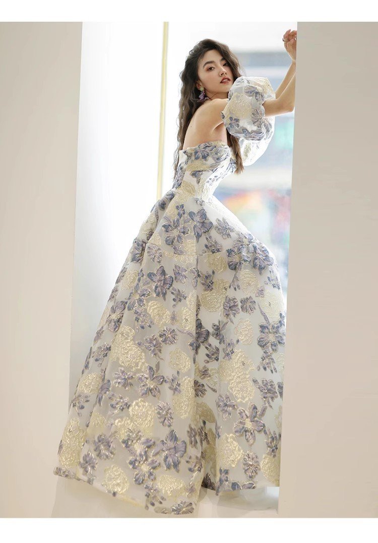 Floral Jacquard Off-Shoulder Evening Gown | Puff Sleeve A-Line Formal Dress