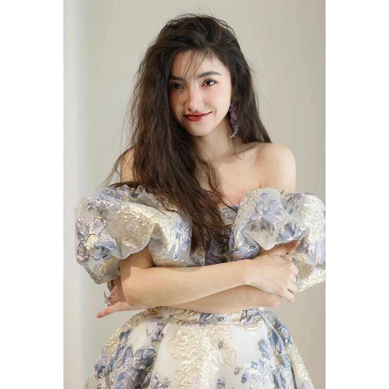 Floral Jacquard Off-Shoulder Evening Gown | Puff Sleeve A-Line Formal Dress