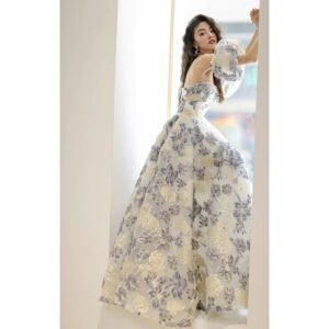 Floral Jacquard Off-Shoulder Evening Gown | Puff Sleeve A-Line Formal Dress