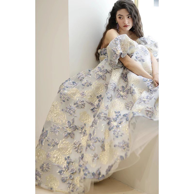 Floral Jacquard Off-Shoulder Evening Gown | Puff Sleeve A-Line Formal Dress