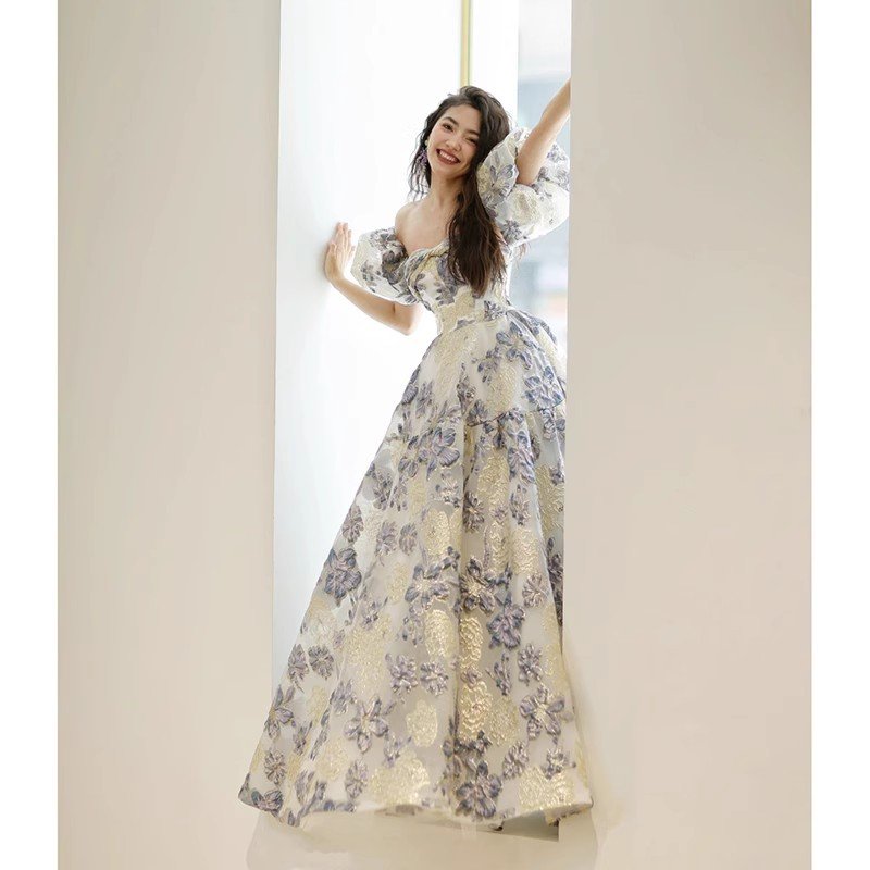 Floral Jacquard Off-Shoulder Evening Gown | Puff Sleeve A-Line Formal Dress