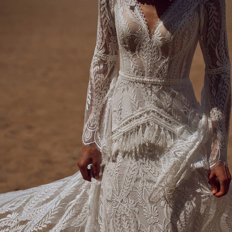 Wedding Dress Women Lace Wedding Dress V-neck Long Sleeve Backless Party Dress Gown