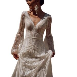 Wedding Dress Women Lace Wedding Dress V-neck Long Sleeve Backless Party Dress Gown