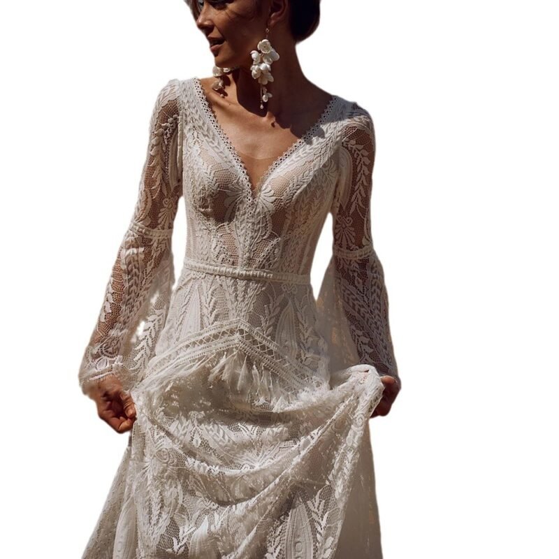 Wedding Dress Women Lace Wedding Dress V-neck Long Sleeve Backless Party Dress Gown