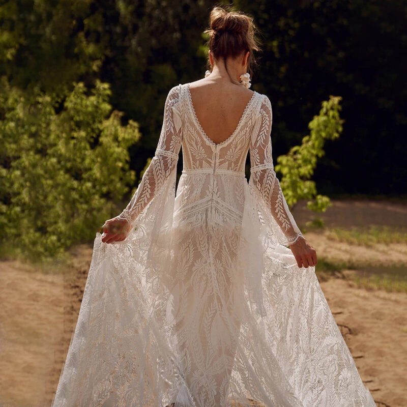Wedding Dress Women Lace Wedding Dress V-neck Long Sleeve Backless Party Dress Gown