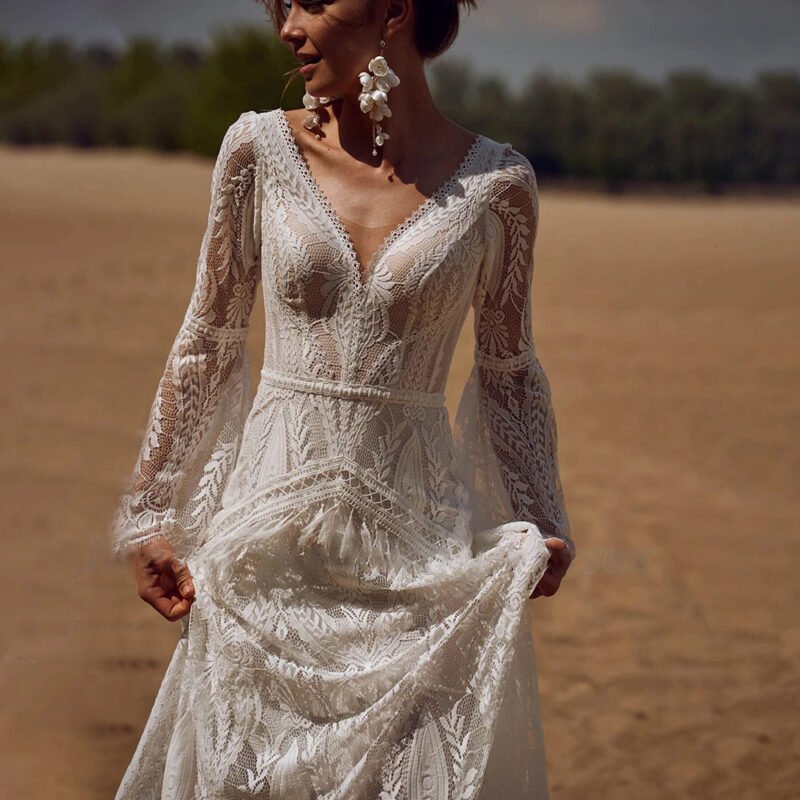 Wedding Dress Women Lace Wedding Dress V-neck Long Sleeve Backless Party Dress Gown