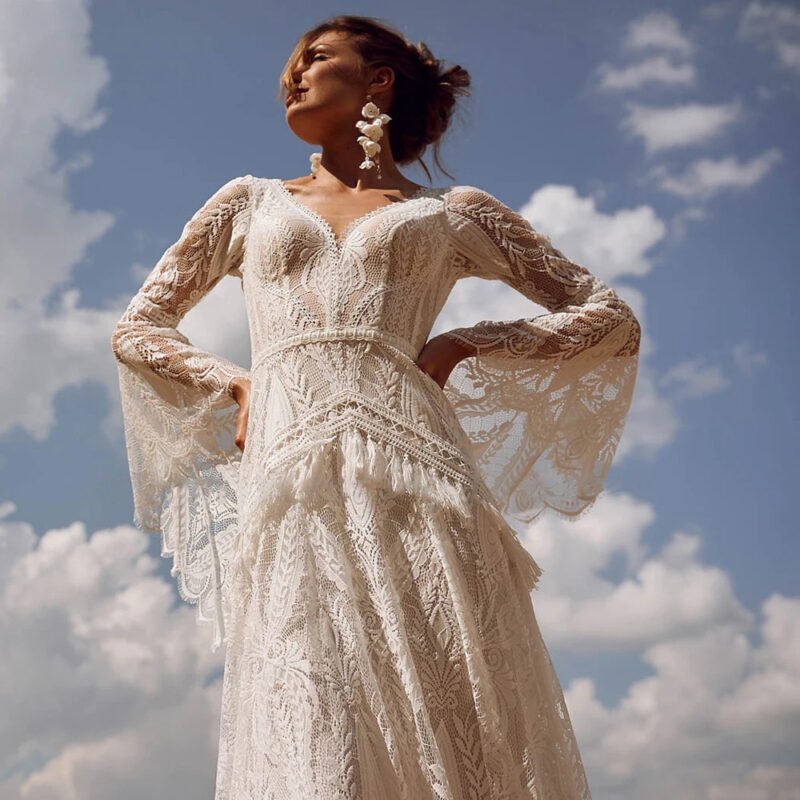 Wedding Dress Women Lace Wedding Dress V-neck Long Sleeve Backless Party Dress Gown