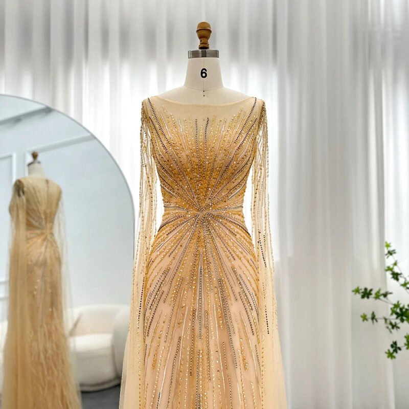 Luxury Brown Feather Cape Sleeve Evening Gown