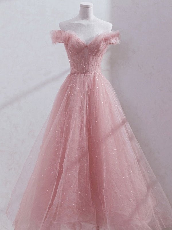 Sparkling Pink Tulle Gown with Sequin Embellishments