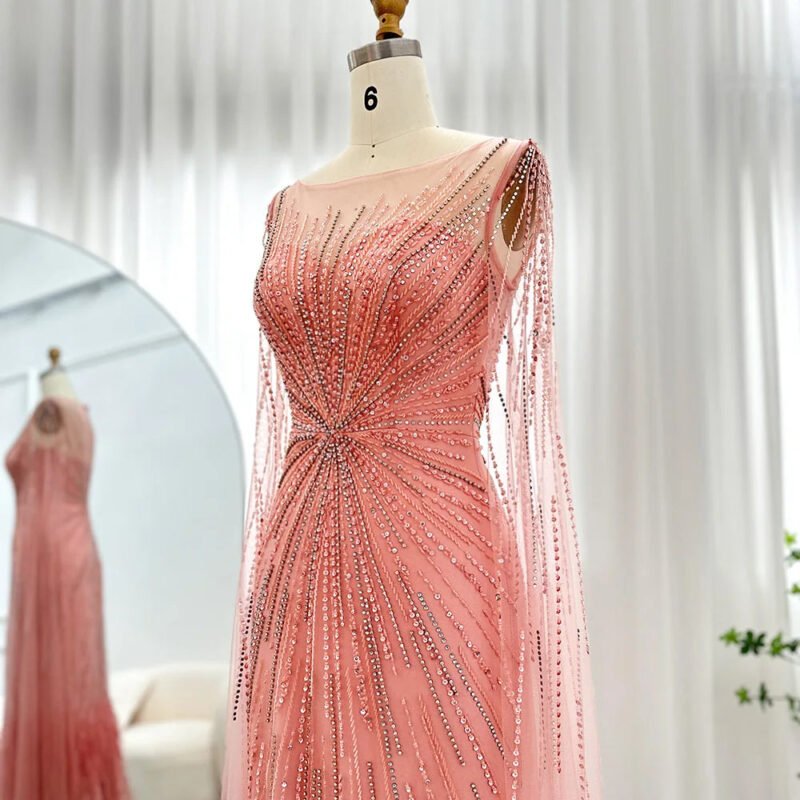 Luxury Brown Feather Cape Sleeve Evening Gown