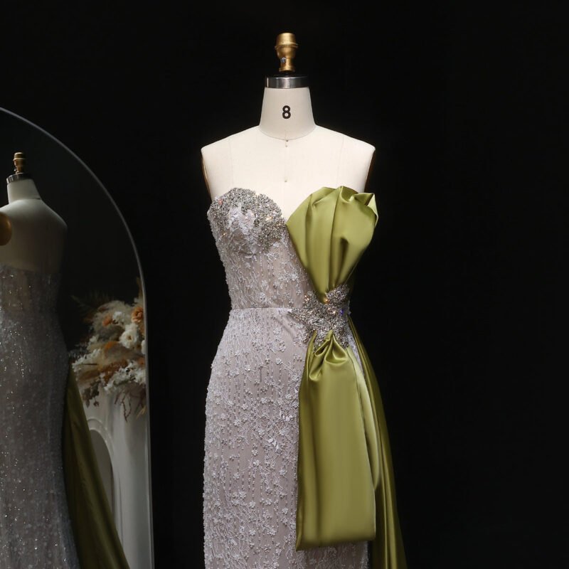 Luxury Mermaid Evening Dress with Grey White Side Bow