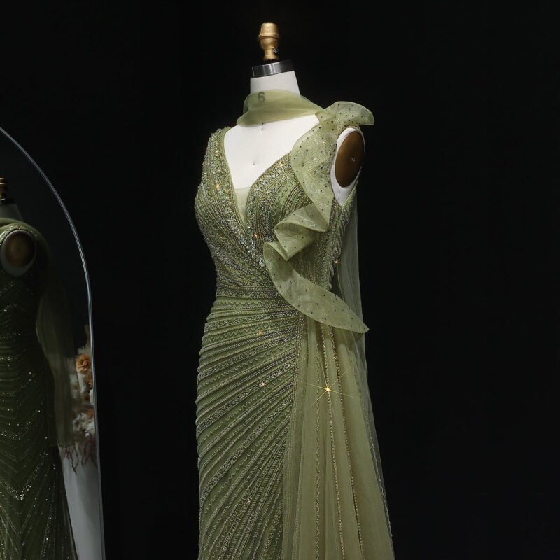 Beaded Luxury Green Mermaid Evening Dress with Side Skirt Ruffles