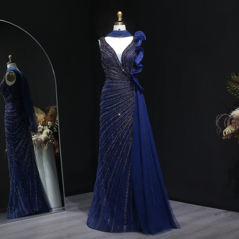 Beaded Luxury Green Mermaid Evening Dress with Side Skirt Ruffles