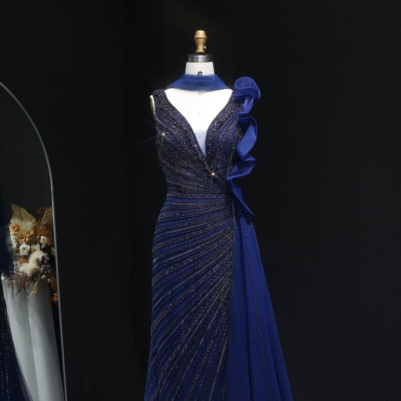 Beaded Luxury Green Mermaid Evening Dress with Side Skirt Ruffles