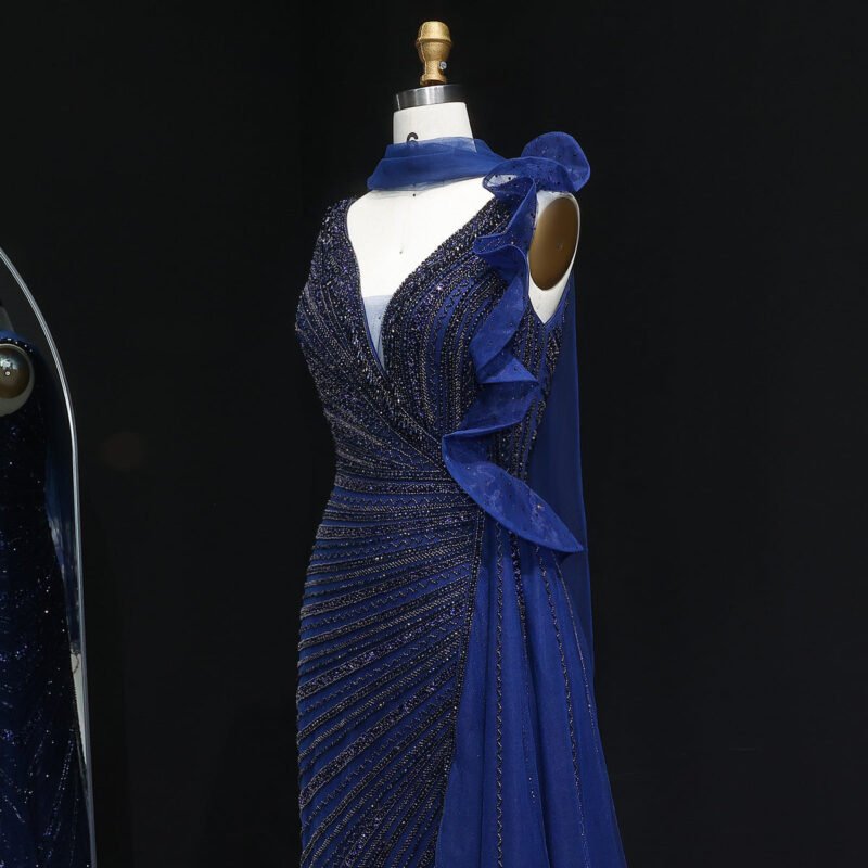 Beaded Luxury Green Mermaid Evening Dress with Side Skirt Ruffles