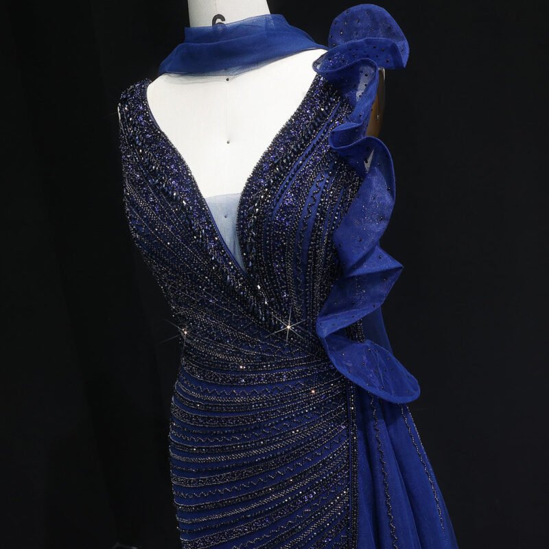 Beaded Luxury Green Mermaid Evening Dress with Side Skirt Ruffles