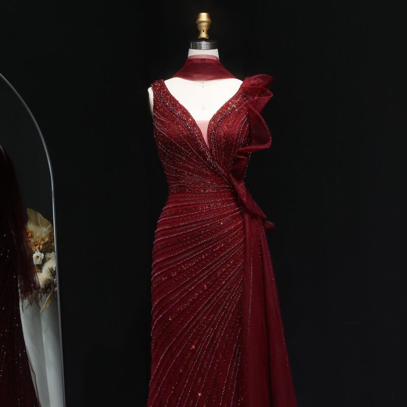 Beaded Luxury Green Mermaid Evening Dress with Side Skirt Ruffles