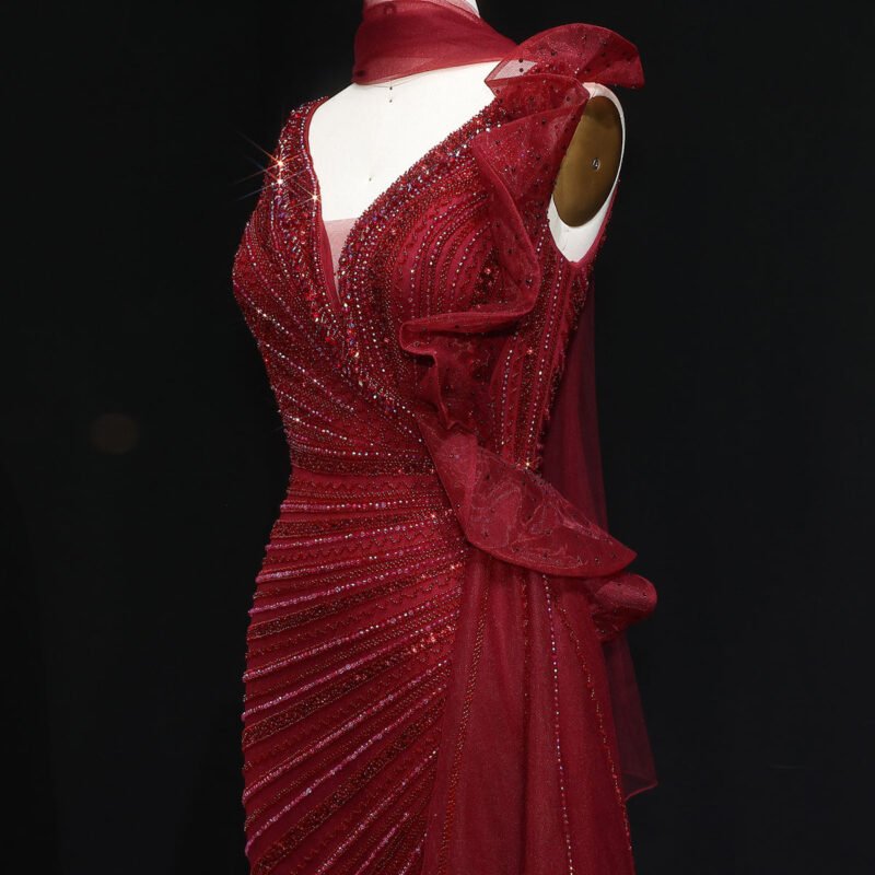 Beaded Luxury Green Mermaid Evening Dress with Side Skirt Ruffles