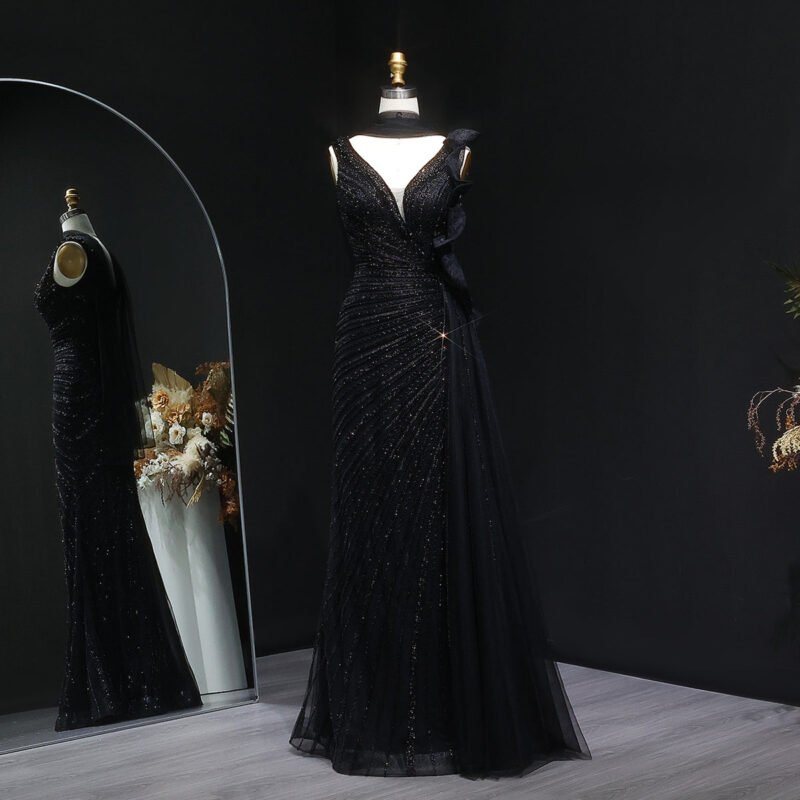 Beaded Luxury Green Mermaid Evening Dress with Side Skirt Ruffles