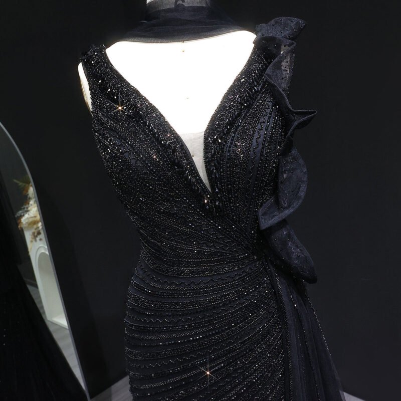 Beaded Luxury Green Mermaid Evening Dress with Side Skirt Ruffles