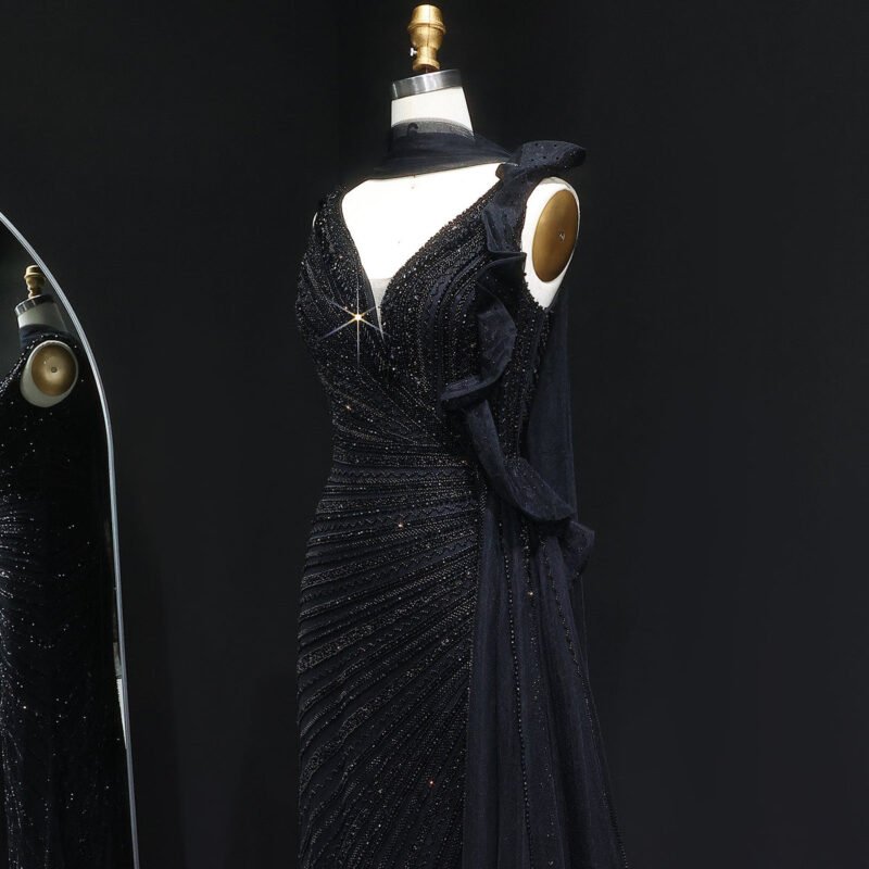 Beaded Luxury Green Mermaid Evening Dress with Side Skirt Ruffles