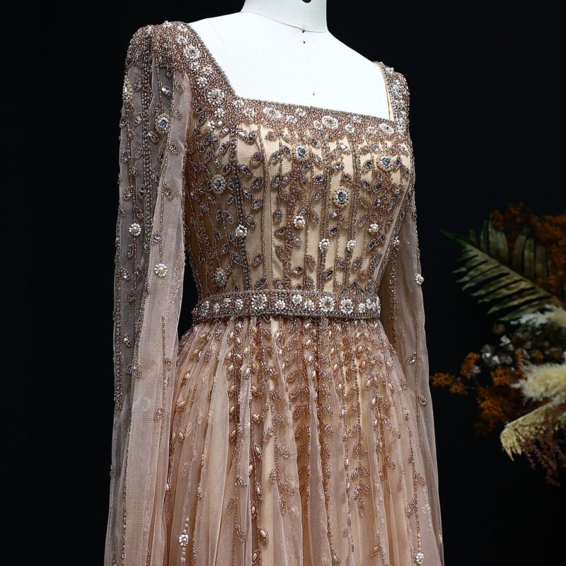 Floor-Length Orange Evening Dress with Long Sleeves, Square Neckline, and Dramatic Cape Sleeves