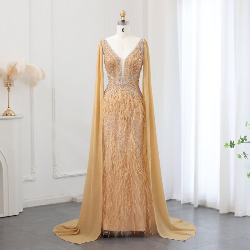 Elegant Luxury Evening Golden Gown with Flowing Cape Sleeves