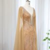 Elegant Luxury Evening Golden Gown with Flowing Cape Sleeves