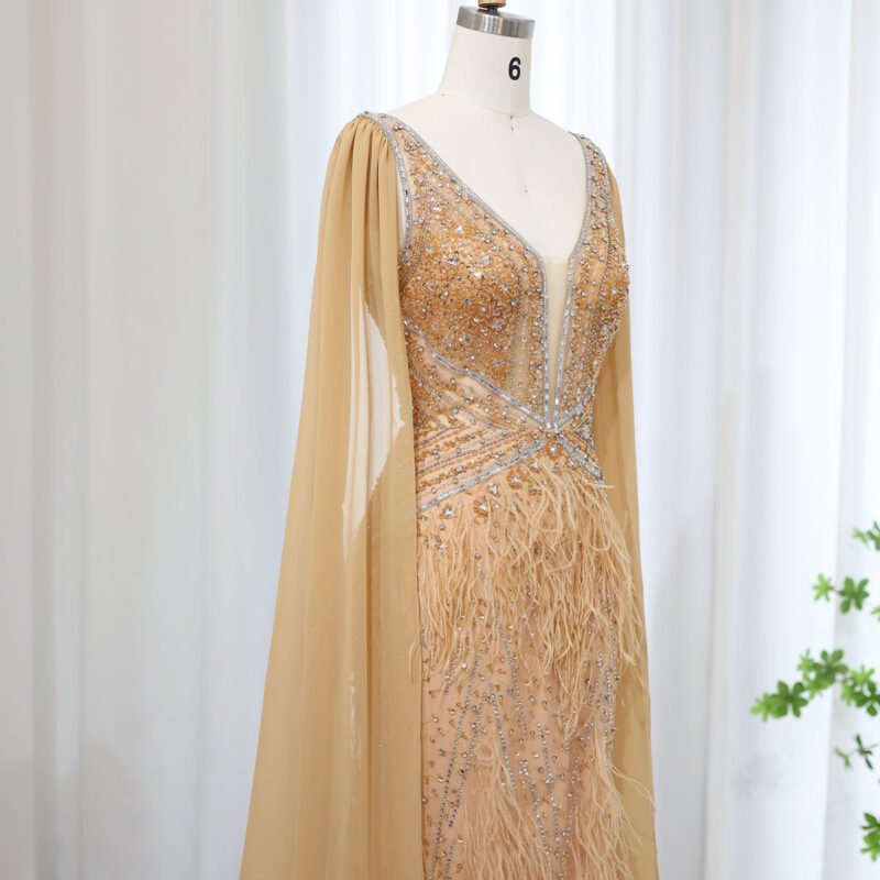 Elegant Luxury Evening Golden Gown with Flowing Cape Sleeves