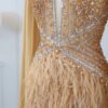 Elegant Luxury Evening Golden Gown with Flowing Cape Sleeves
