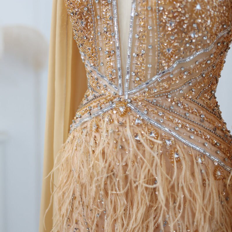 Elegant Luxury Evening Golden Gown with Flowing Cape Sleeves