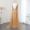 Elegant Luxury Evening Golden Gown with Flowing Cape Sleeves