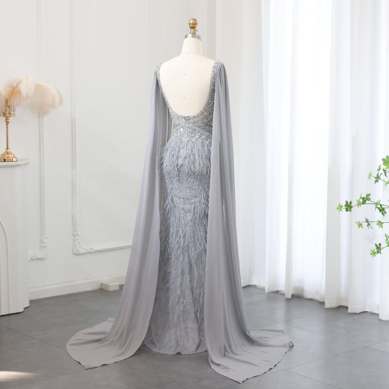 Elegant Luxury Evening Golden Gown with Flowing Cape Sleeves