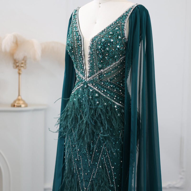 Elegant Luxury Evening Golden Gown with Flowing Cape Sleeves