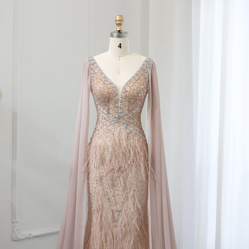 Luxury Beaded Evening Dress with Cape Sleeves