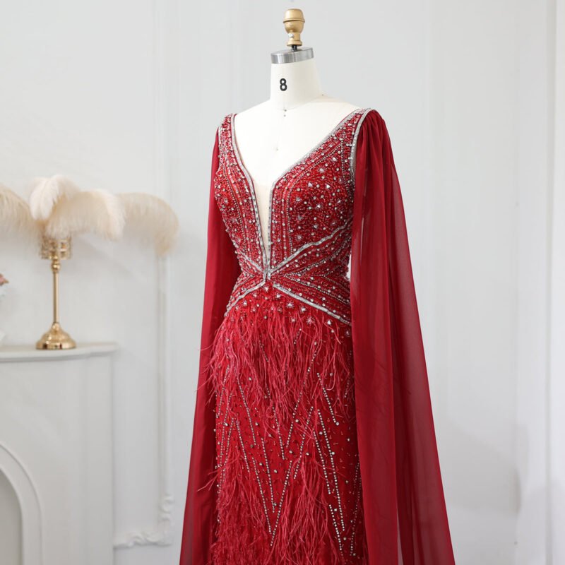 Luxury Beaded Red Evening Dress with Cape Sleeves