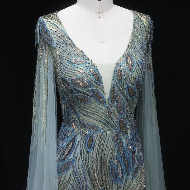 Luxury Grey Green Evening Dress – Beaded Design with Elegant Cape Sleeves, Floor-Length