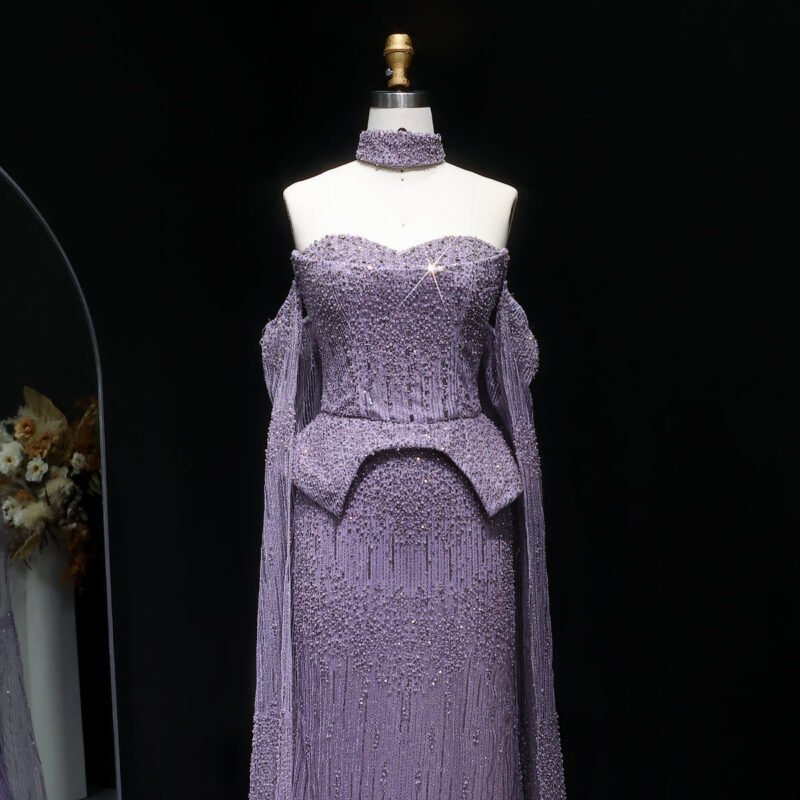 Luxury Grey Crystal Off-Shoulder Evening Dress with Cape Sleeves