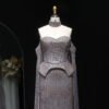 Luxury Grey Crystal Off-Shoulder Evening Dress with Cape Sleeves