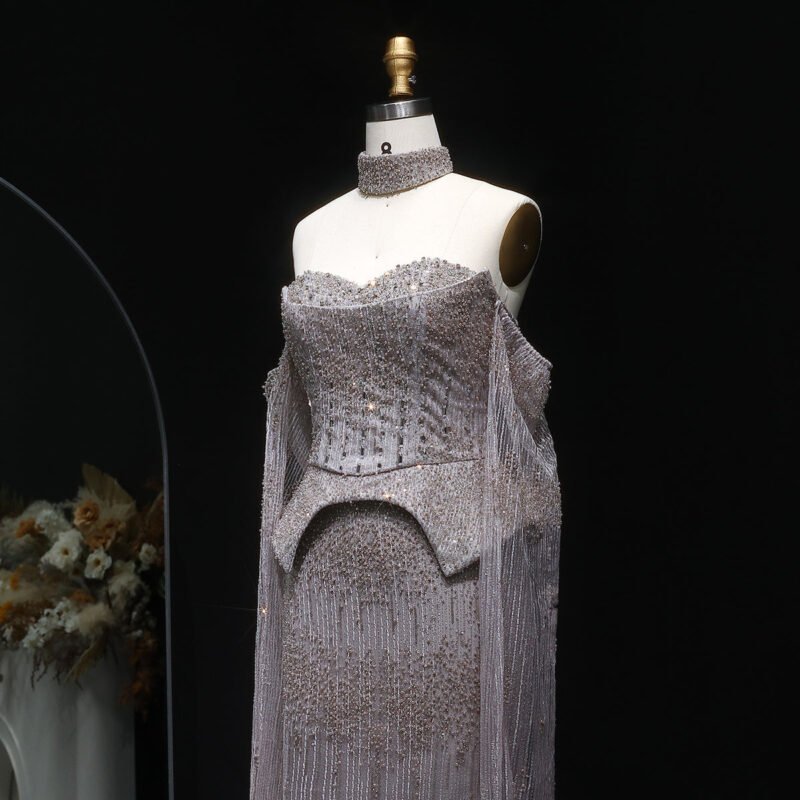 Luxury Grey Crystal Off-Shoulder Evening Dress with Cape Sleeves