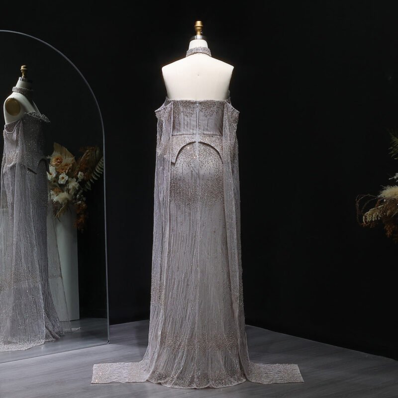Luxury Grey Crystal Off-Shoulder Evening Dress with Cape Sleeves