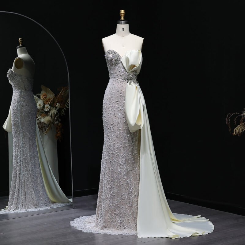 Luxury Mermaid Evening Dress with Grey White Side Bow