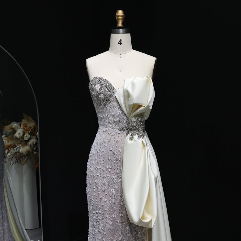 Luxury Mermaid Evening Dress with Grey White Side Bow