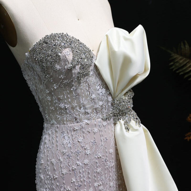 Luxury Mermaid Evening Dress with Grey White Side Bow