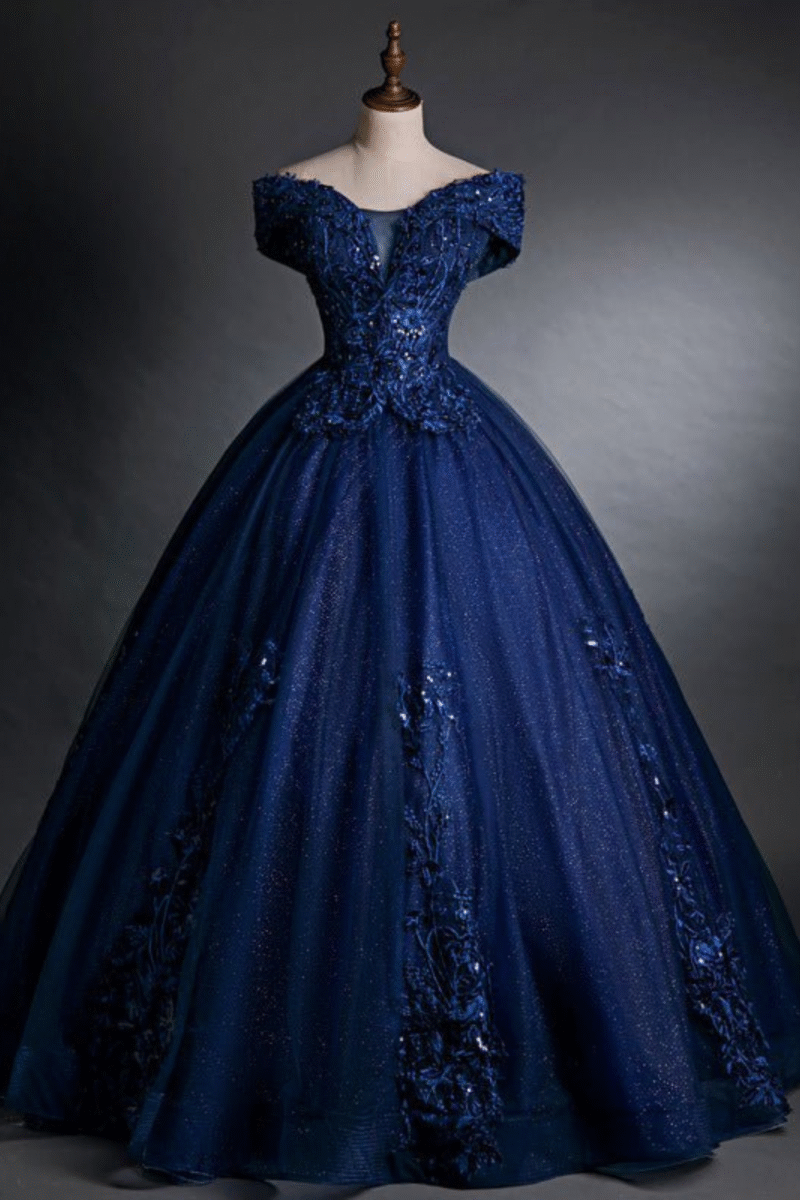 Blue Off-Shoulder Tulle Lace Evening Gown with Beading & Sequins Prom Dress