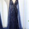 Luxury A-Line Blue V-Neck Beaded Evening Gown with Sequins