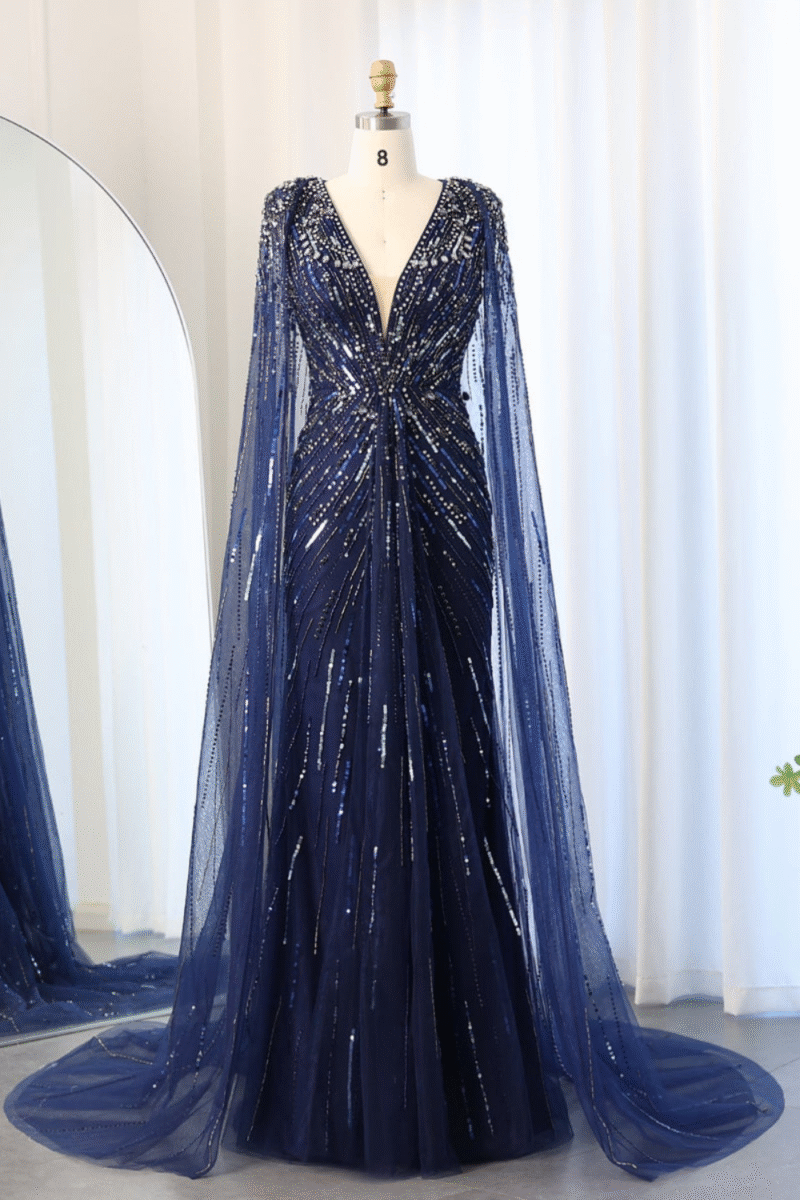 Luxury A-Line Blue V-Neck Beaded Evening Gown with Sequins